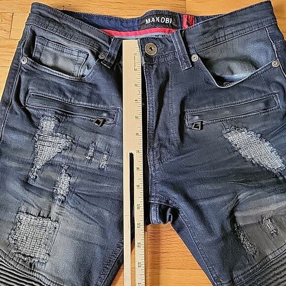 Makobi Prado Biker Rip Repair Moto Jeans Blue Dark Wash Low Rise Straight Leg - Picture 7 of 11